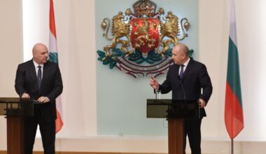 Lebanese President Joseph Aoun (left) and Bulgarian President Rumen Radev (right) hold a joint press conference in Sofia, Bulgaria, on Nov. 10, 2025. (AA Photo)