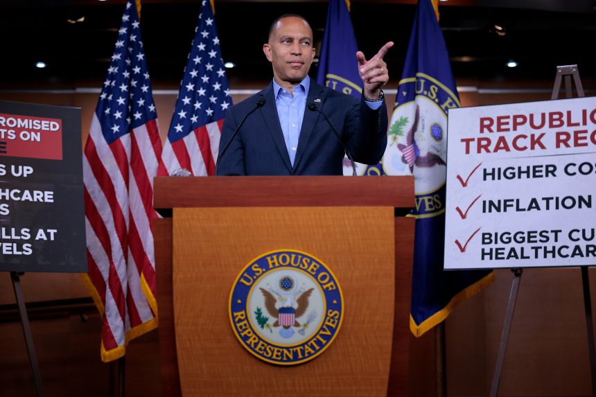 House Minority Leader Hakeem Jeffries talks to reporters during a news conference on September 2, 2025 in Washington, DC. 
