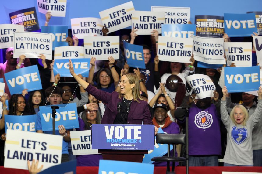 Mikie Sherrill takes the staduring a Get Out the Vote Rally at Essex County College Gymnasium on November 1, 2025 in Newark, New Jersey.