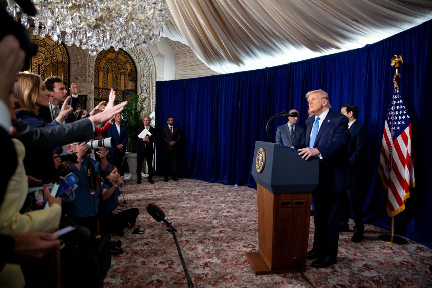 President Donald Trump speaks during a news conference at Mar-a-Lago on January 3, 2026.