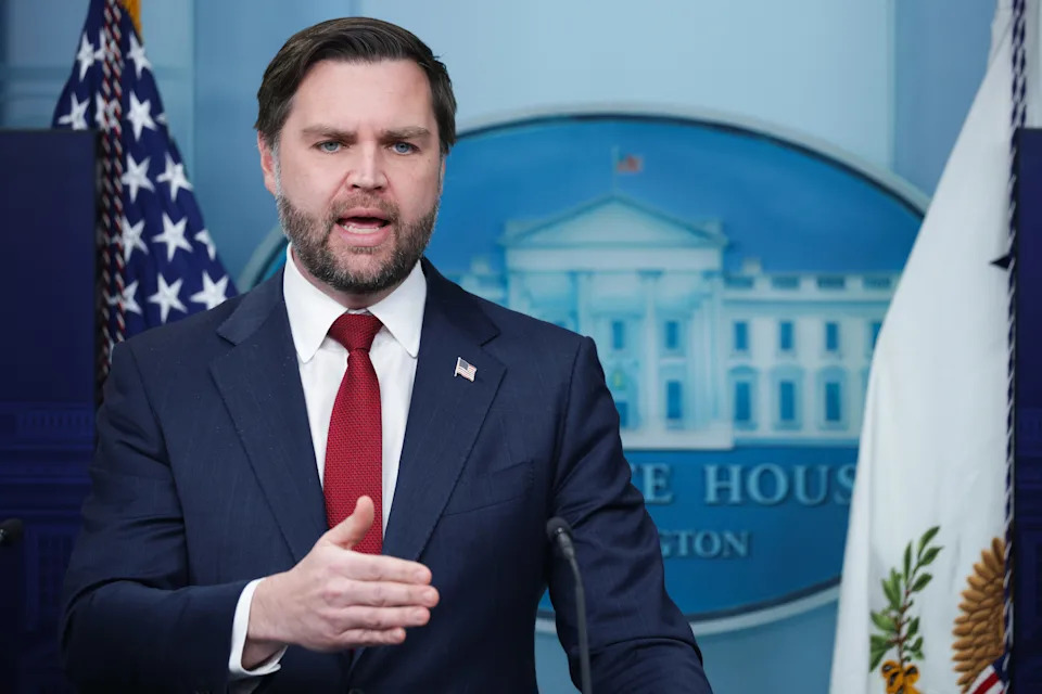 Vice President JD Vance speaks during a news briefing in the James S. Brady Press Briefing Room of the White House on Jan. 8, 2026 in Washington, DC. Vance joined White House Press Secretary Karoline Leavitt to address several topics including the welfare fraud scandal in Minnesota and yesterday's fatal shooting of a woman by an ICE agent during a confrontation in Minneapolis.