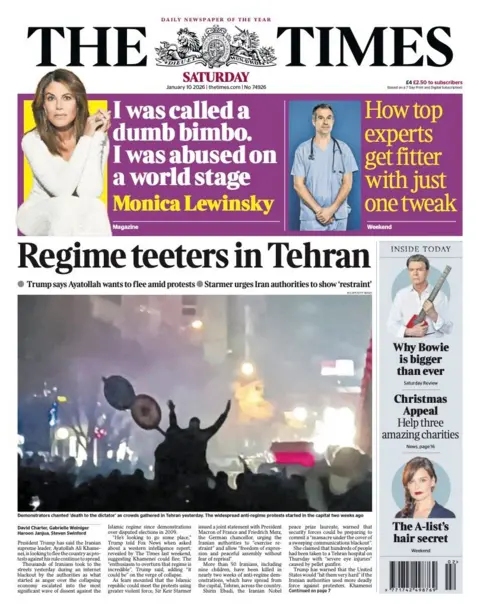 The headline on the front page of the Times reads: “Regime teeters in Tehran”. The headline on the front page of the Sun reads: “Clearing the heir”.