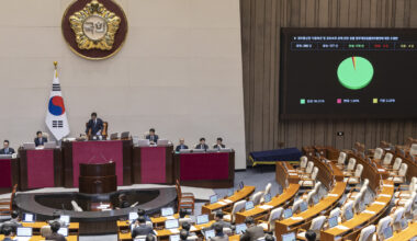 Lawmakers vote on a revision to the Act on Promotion of Information and Communications Network Utilization and Information Protection aimed at curbing false and manipulated information during a plenary session of the National Assembly on Dec. 24, 2025. The bill was passed under the leadership of the ruling Democratic Party. [YONHAP]