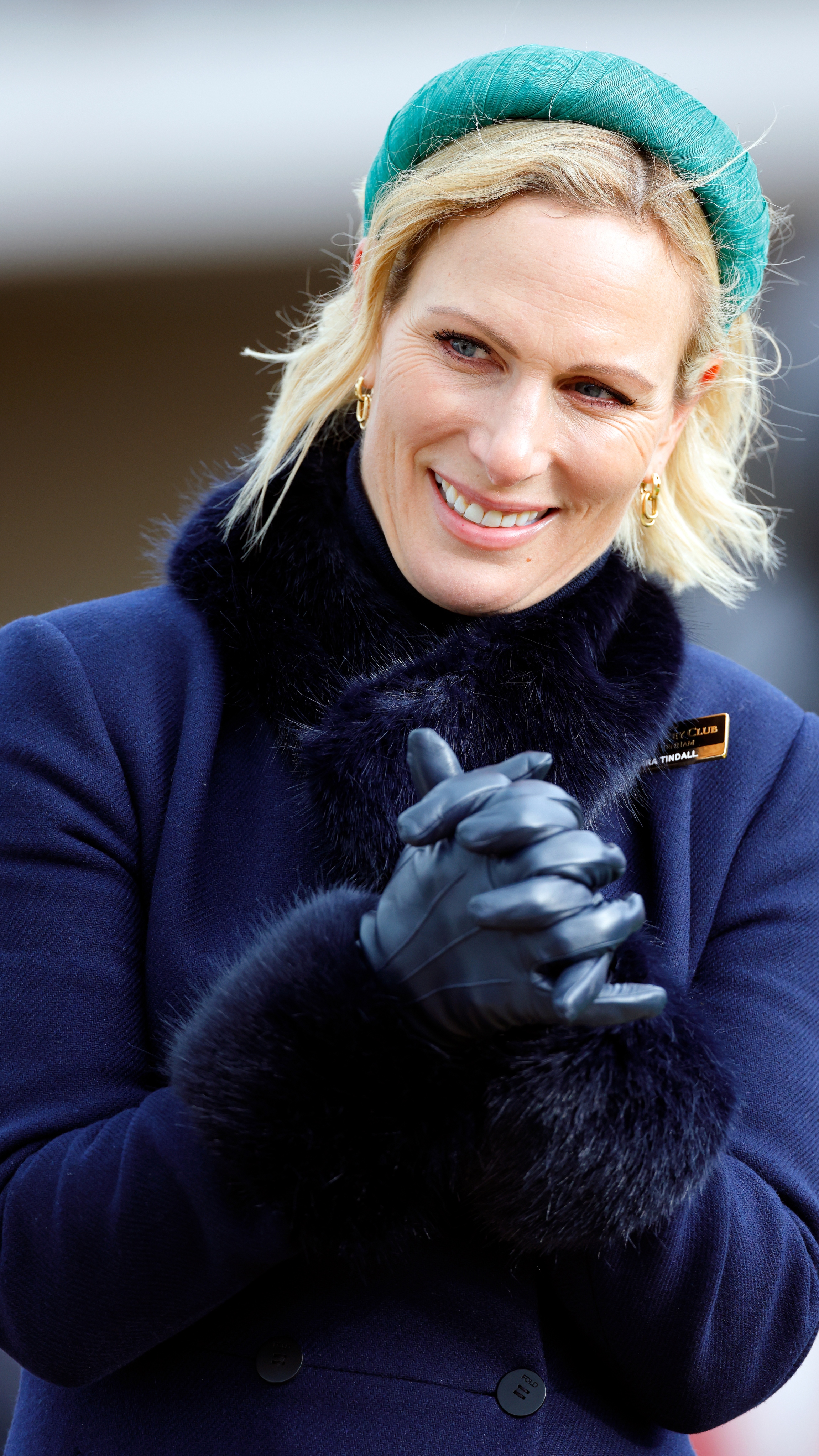 Zara Tindall clasps her hands together as she attends Festival Trials Day at Cheltenham Racecourse on January 24, 2026