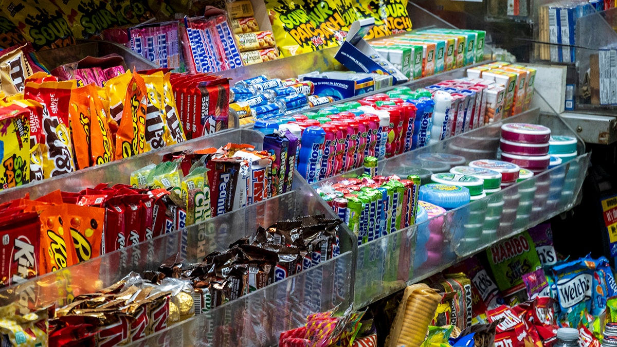 Candy display seen on NYC newsstand.