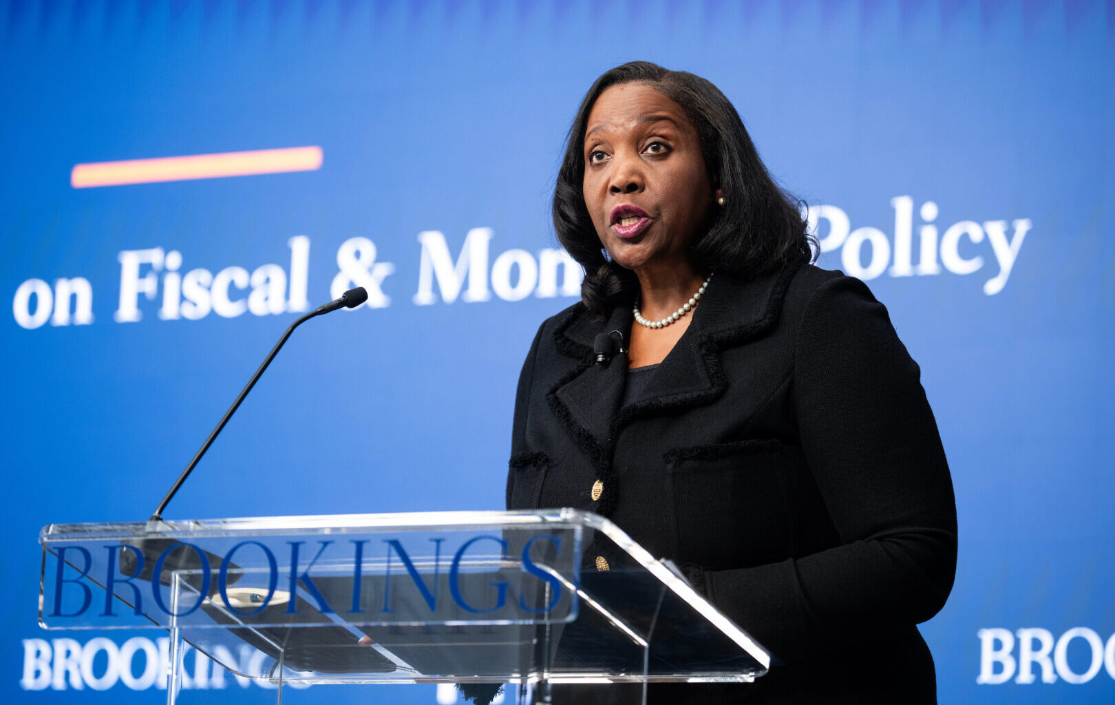 Federal Reserve Board Governor Lisa Cook makes remarks at the Brookings Institution before a November discussion on the economy and monetary policy.