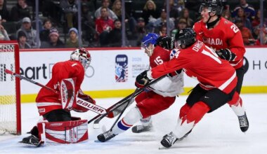 Czechia forward Vojtech Cihar (15) scores a goal past Canada goalie Jack Ivankovic (1) during the third period of an IIHF World Junior Hockey Championship semifinals game, Sunday, Jan. 4, 2026, in St. Paul, Minn.
