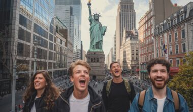 Create a dynamic and impactful thumbnail showcasing german, french, and canadian tourists exploring iconic landmarks in europe, while the background features an empty u. S. Landmark like the statue of liberty or times square. Make the image bold and eye-catching with an overlay of contrasting dull, grey u. S. Locations versus vibrant, colorful european destinations. Focus on tourists’ smiles and relaxed vibes in the european areas. Ensure it feels energetic and thought-provoking, symbolizing the shift in global tourism from the u. S. To europe. No logos, just powerful imagery with strong contrast in colors to show the decline of u. S. Tourism.