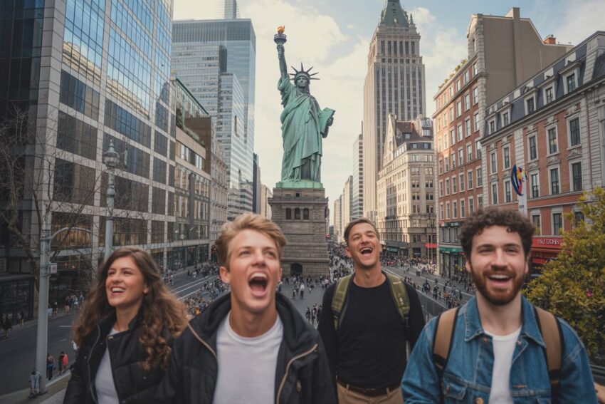 Create a dynamic and impactful thumbnail showcasing german, french, and canadian tourists exploring iconic landmarks in europe, while the background features an empty u. S. Landmark like the statue of liberty or times square. Make the image bold and eye-catching with an overlay of contrasting dull, grey u. S. Locations versus vibrant, colorful european destinations. Focus on tourists’ smiles and relaxed vibes in the european areas. Ensure it feels energetic and thought-provoking, symbolizing the shift in global tourism from the u. S. To europe. No logos, just powerful imagery with strong contrast in colors to show the decline of u. S. Tourism.