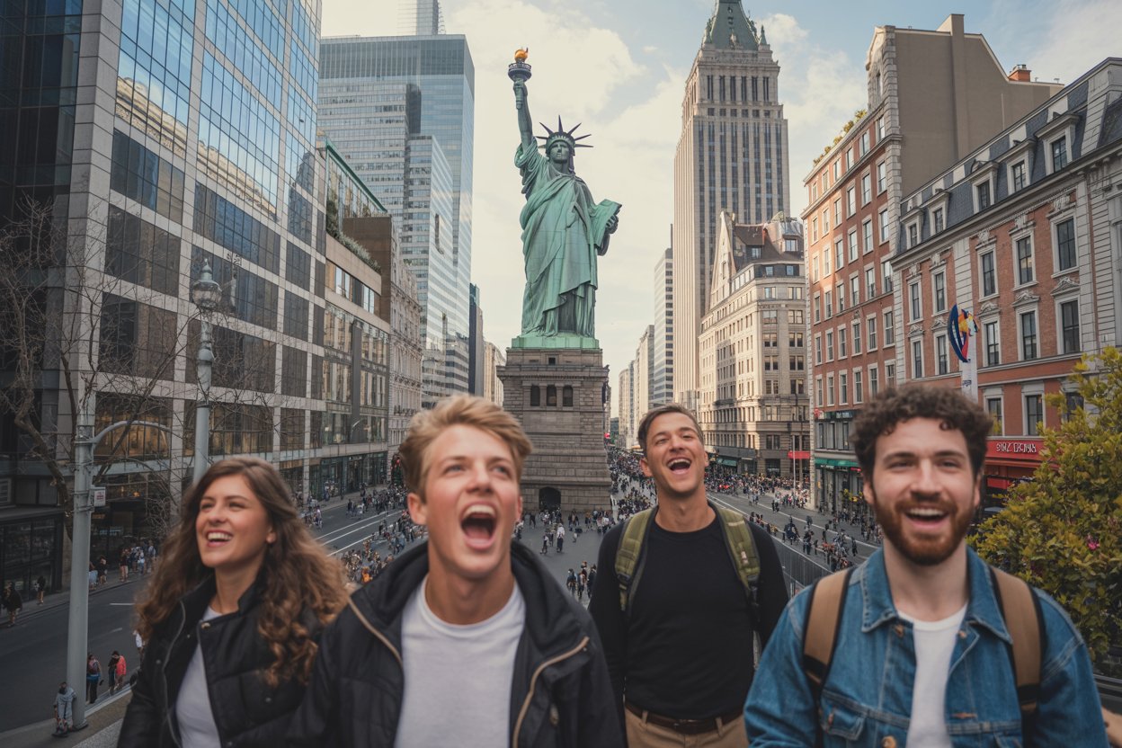 Create a dynamic and impactful thumbnail showcasing german, french, and canadian tourists exploring iconic landmarks in europe, while the background features an empty u. S. Landmark like the statue of liberty or times square. Make the image bold and eye-catching with an overlay of contrasting dull, grey u. S. Locations versus vibrant, colorful european destinations. Focus on tourists’ smiles and relaxed vibes in the european areas. Ensure it feels energetic and thought-provoking, symbolizing the shift in global tourism from the u. S. To europe. No logos, just powerful imagery with strong contrast in colors to show the decline of u. S. Tourism.