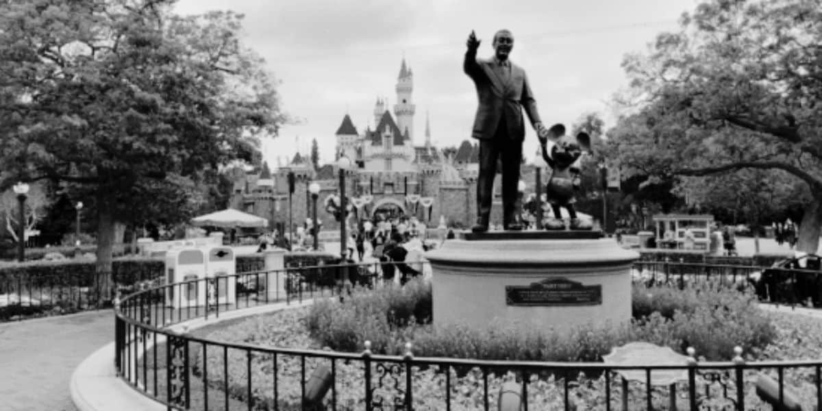 A black-and-white photo of Sleeping Beauty Castle at Disneyland Park.