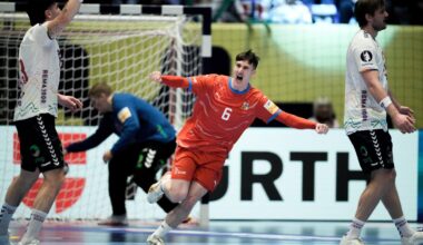 Dominik Skopár po vstřelení branky, fotka ze zápasu Česko vs. Norsko na ME v&nbsp;házené 2026