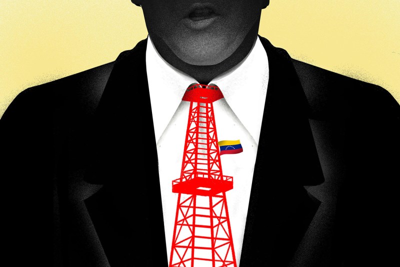 An illustration shows Donald Trump from the nose down with a red oil rig as a tie.