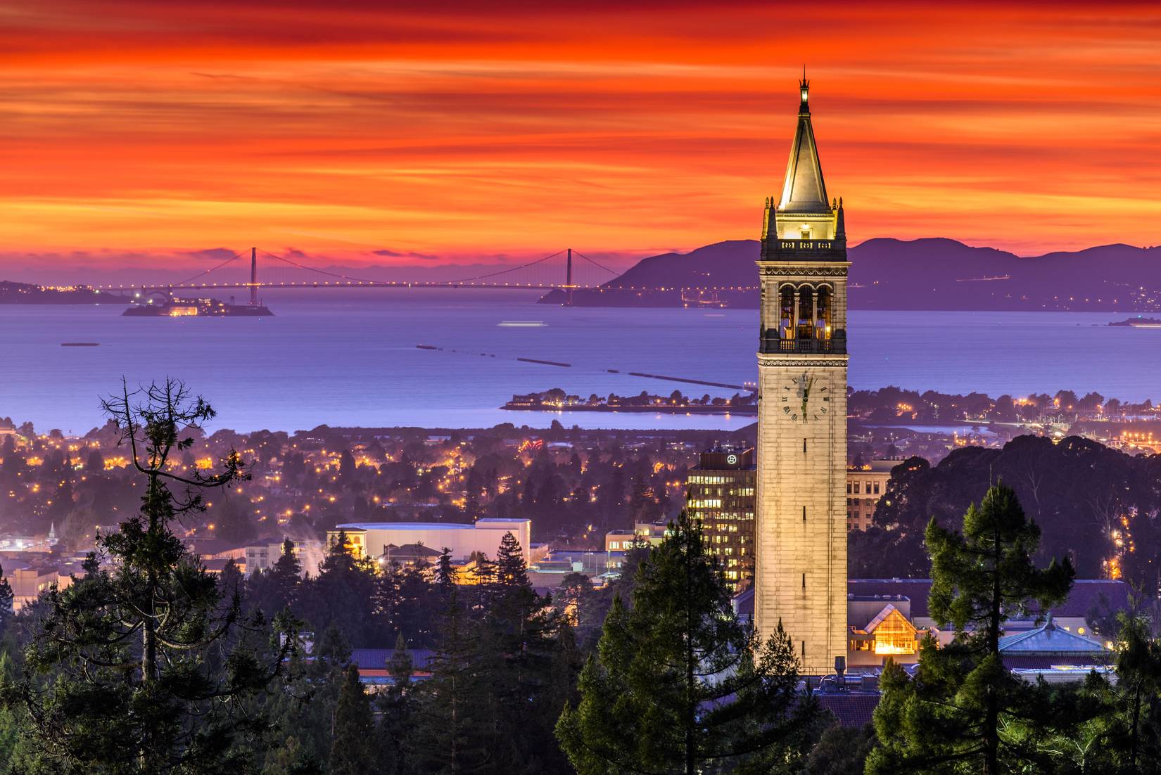 Dramatic Sunset over San Francisco Bay and the Campanile with the Golden Gate Bridge in the background