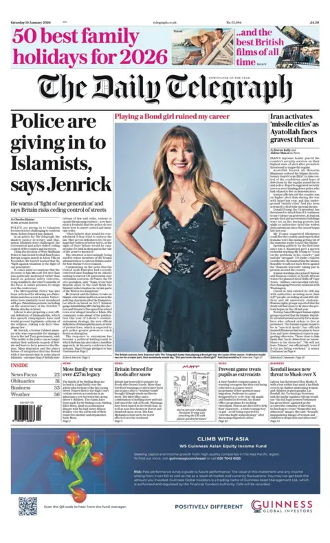 The headline on the front page of the Telegraph reads: “Police are giving in to Islamists, says Jenrick”.