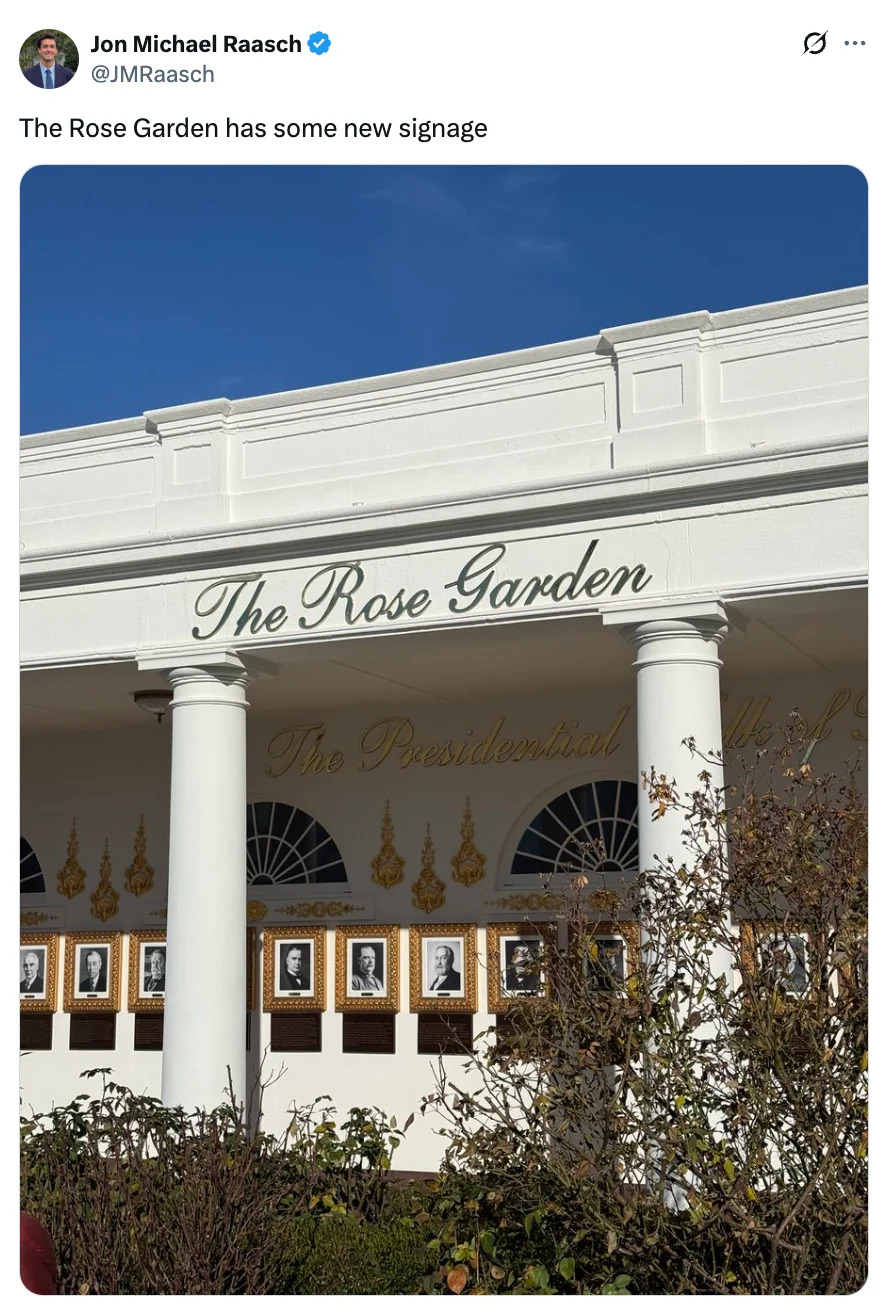 Building façade with new "The Rose Garden" signage above framed portraits and text reading "The Presidential Hall of Fame."