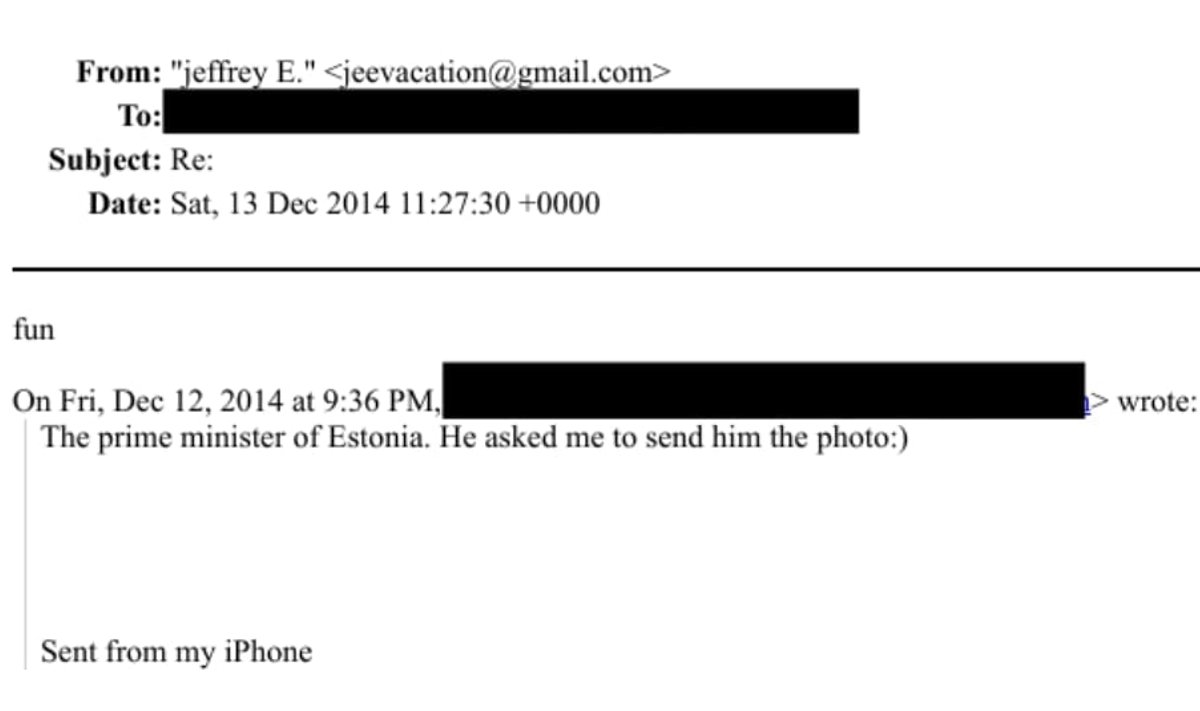 2014. aastal Epsteinile saadetud kirjas on mainitud Eesti peaministrit. Epstein vastas sellele omakorda: „lõbus“.