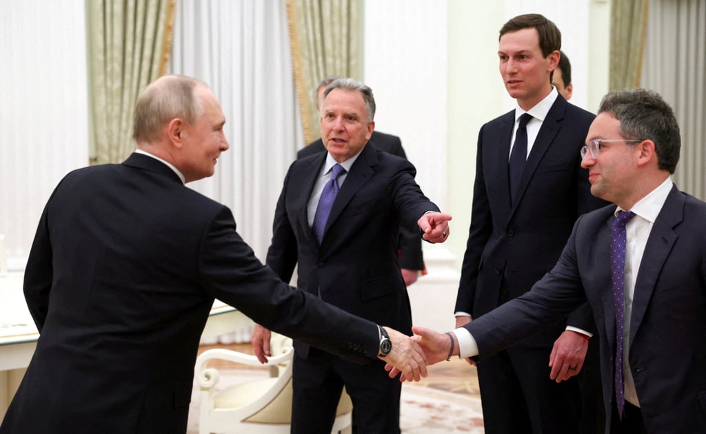 Russia’s President Vladimir Putin with Steve Witkoff, Jared Kushner and Josh Gruenbaum. Photo: Sputnik via Reuters