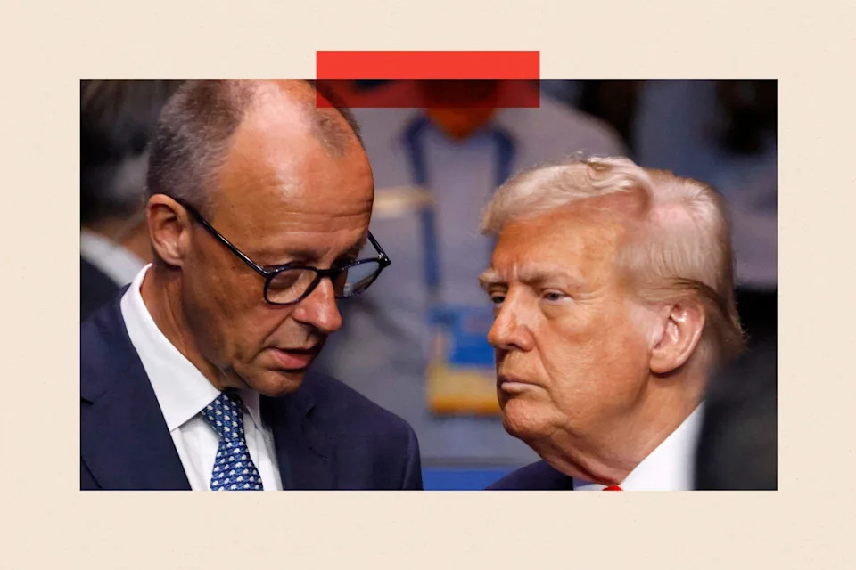 Germany's Chancellor Friedrich Merz (L) speaks with US President Donald Trump 
