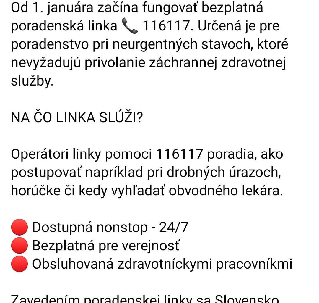 Od dnes funguje poradenská zdravotná linka 116117
