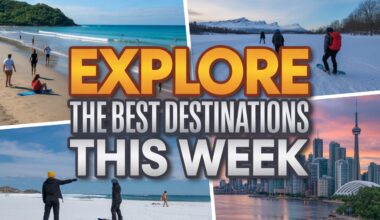 "a dynamic composite of a tropical beach in brazil, an icy winter wonderland in finland, and the iconic skyline of toronto. Tourists are seen in each location enjoying different experiences: surfing, snowboarding, and sightseeing. The image is layered with text: ‘explore the best destinations this week’ in bold, exciting font. Bright colors are used to make each scene pop, and the overall image conveys a sense of adventure and exploration without any logos. "
