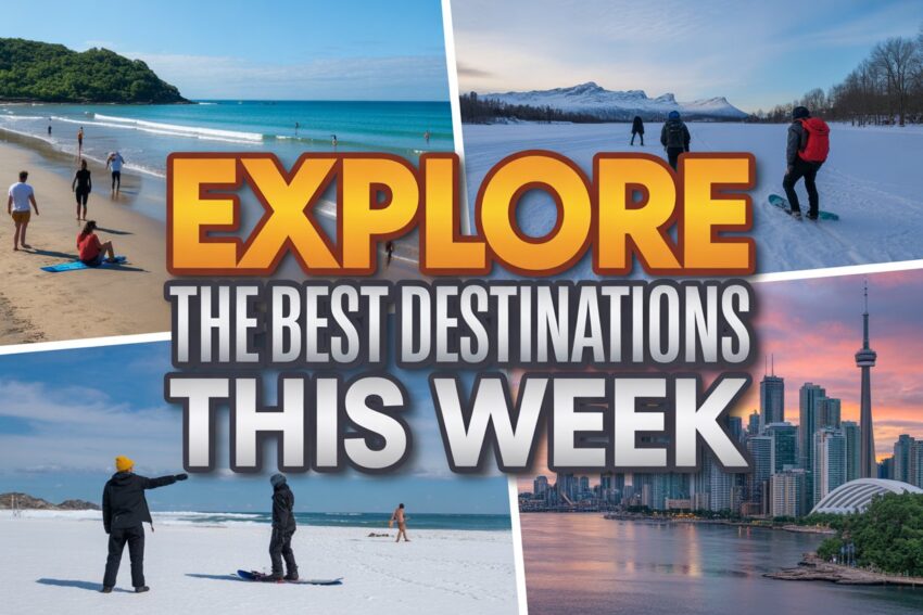 Explore - travel and tour world "a dynamic composite of a tropical beach in brazil, an icy winter wonderland in finland, and the iconic skyline of toronto. Tourists are seen in each location enjoying different experiences: surfing, snowboarding, and sightseeing. The image is layered with text: ‘explore the best destinations this week’ in bold, exciting font. Bright colors are used to make each scene pop, and the overall image conveys a sense of adventure and exploration without any logos. "