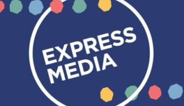 Express Media logo on blue background.