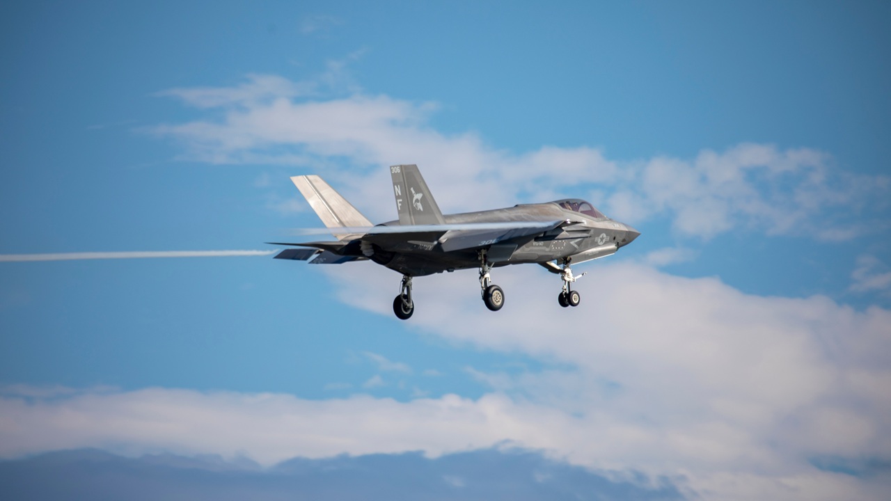 An F-35 Lightning II fighter jet in flight.