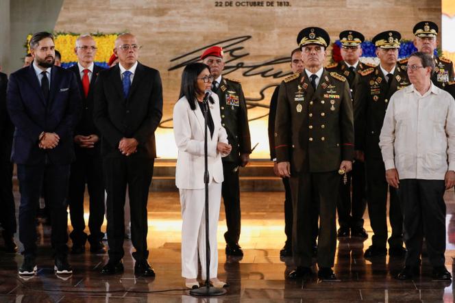 Delcy Rodriguez, the interim president of Venezuela, alongside Defense Minister Vladimir Padrino Lopez (to her left) and Cuban foreign minister Bruno Rodriguez Padilla (to her right), Caracas, January 8, 2026.