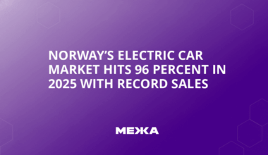 A purple background with the text NORWAYS ELECTRIC CAR MARKET HITS 96 PERCENT IN 2025 WITH RECORD SALES in white, centered on the image. Below the text, the word MEЖA is displayed in white. The background has subtle, light purple hexagonal patterns.