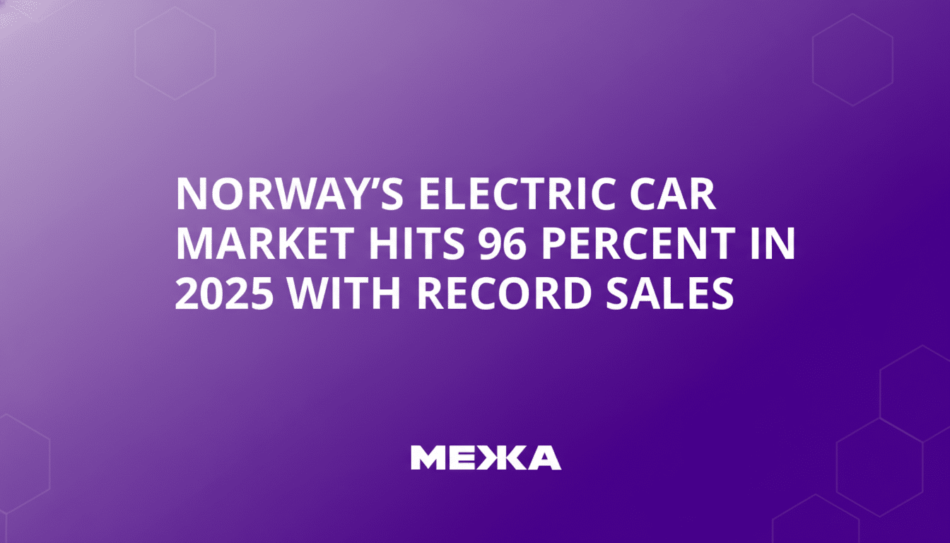 A purple background with the text NORWAYS ELECTRIC CAR MARKET HITS 96 PERCENT IN 2025 WITH RECORD SALES in white, centered on the image. Below the text, the word MEЖA is displayed in white. The background has subtle, light purple hexagonal patterns.
