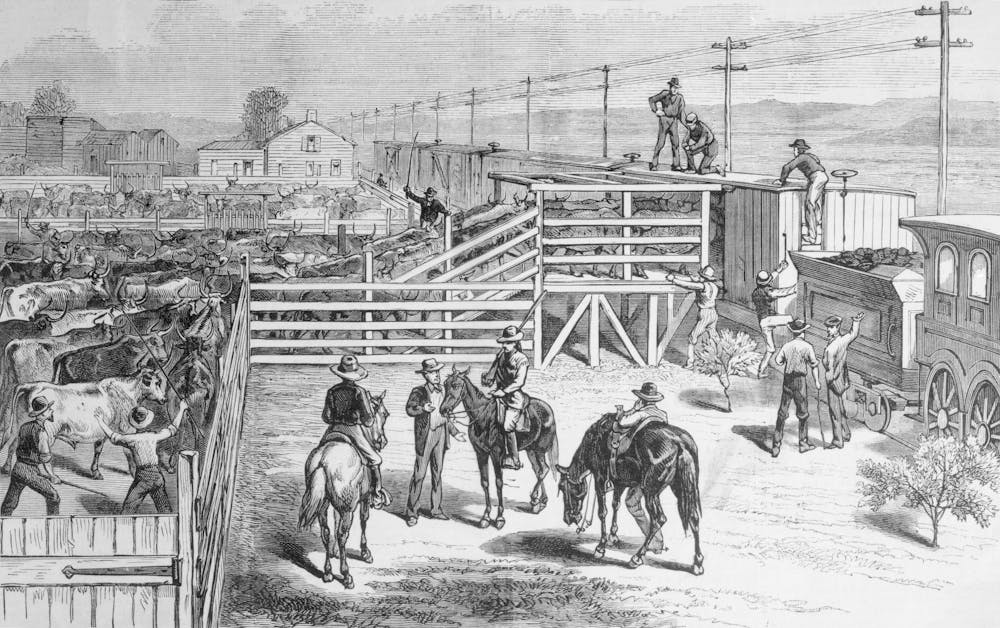 A drawing of people on foot and on horseback gathering cattle into a wooden pen.