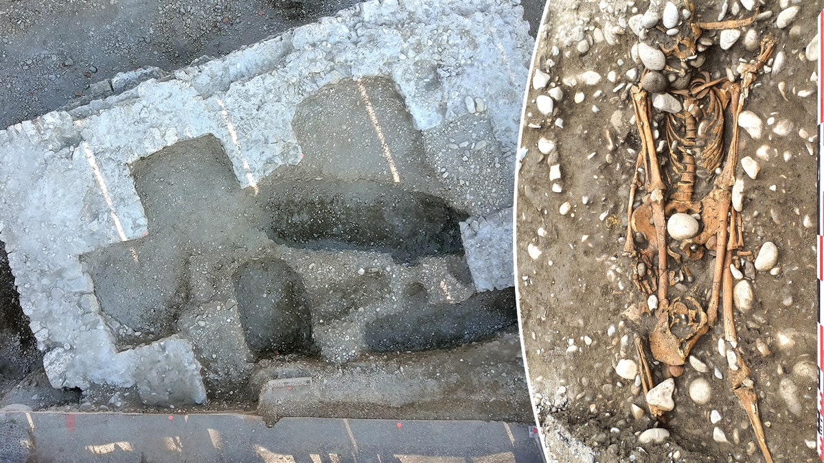 Aerial of gallows site, skeleton in ground