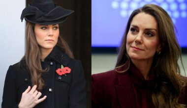 Princess Kate wearing a black hat and coat in 2011; Princess Kate wearing a burgundy suit and smiling in 2026