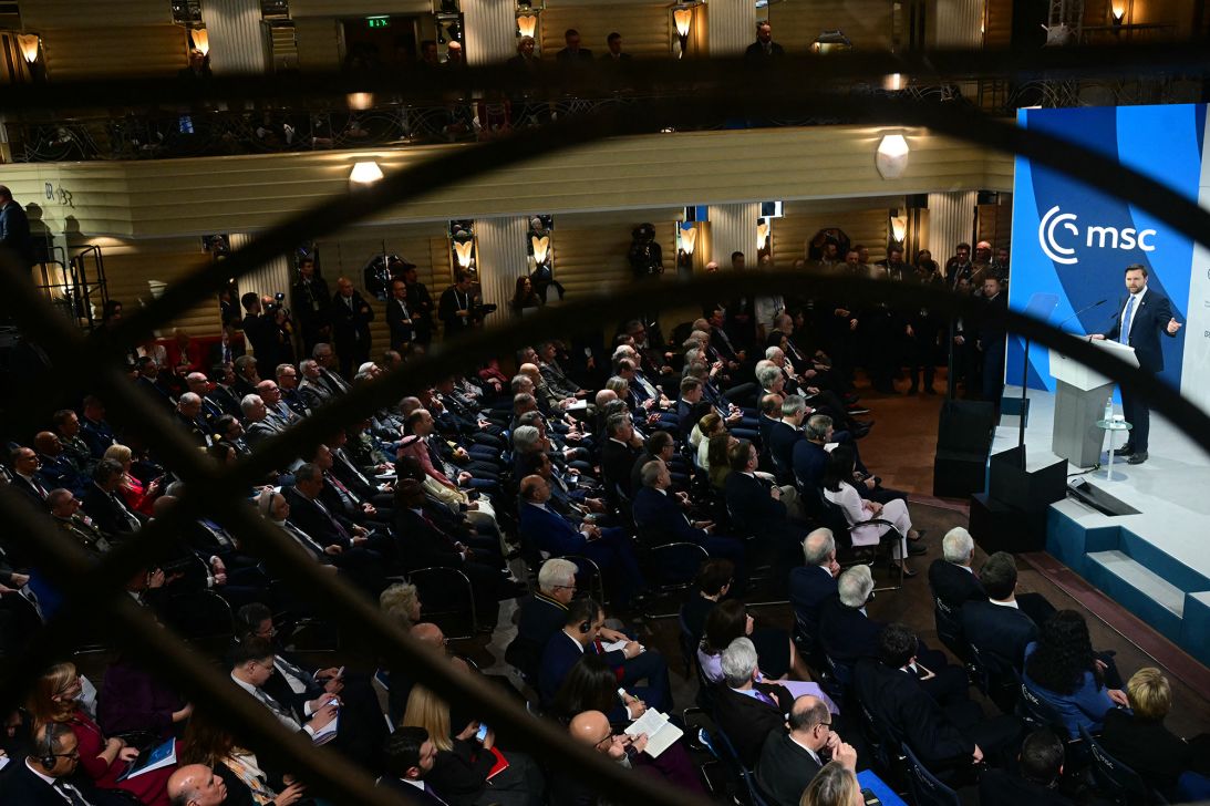US Vice President JD Vance delivers his speech during the 61st Munich Security Conference in Munich, Germany, on February 14, 2025.