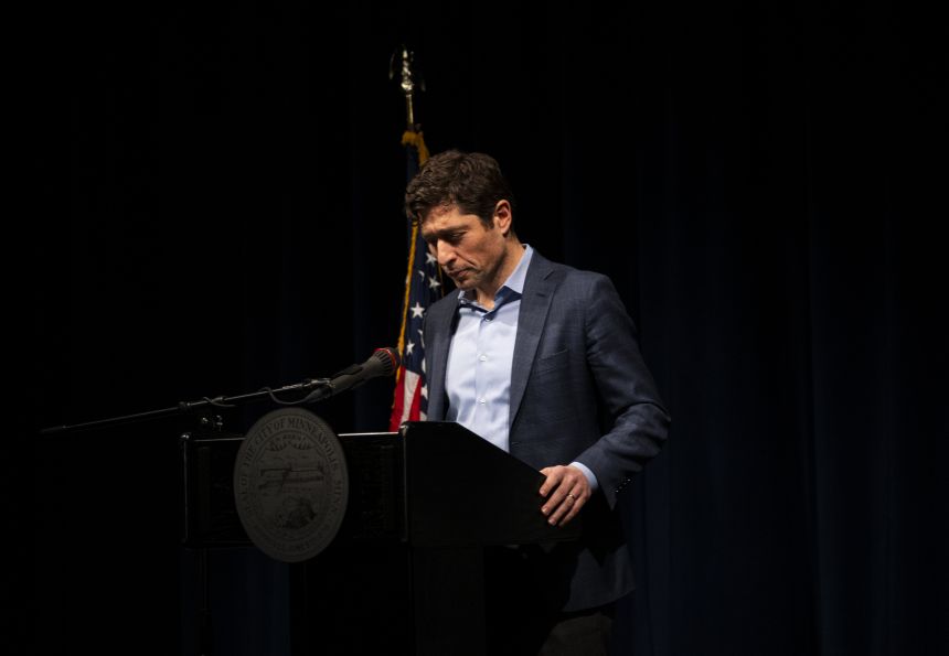 Minneapolis Mayor Jacob Frey arrives to speak during a press conference in Minneapolis, Minnesota, on January 22, 2026.