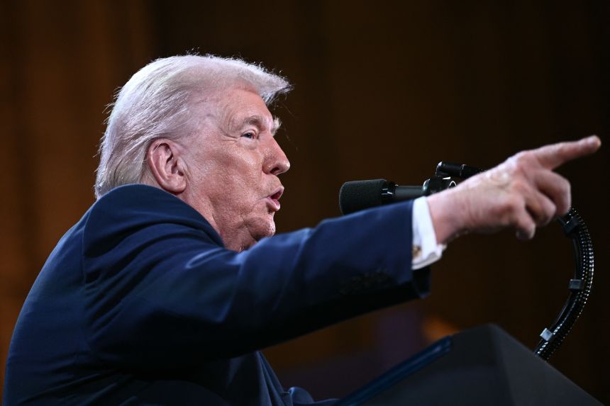 President Donald Trump delivers remarks at the Andrew W. Mellon Auditorium in Washington DC, on January 28, 2026.