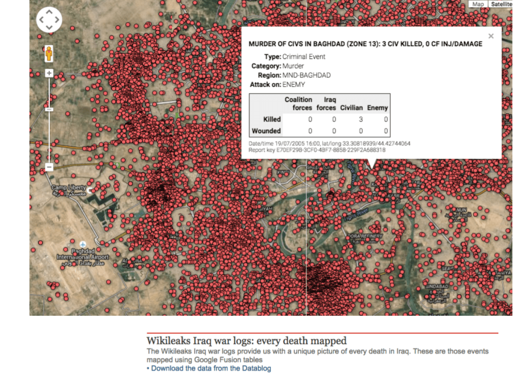 Map of Iraq with red dots indicating casualties above the headline: Wikileaks Iraq war logs: every death mapped