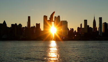 The sun rises behind midtown Manhattan’s skyline with a bird silhouetted in front and its reflection on the Hudson River.