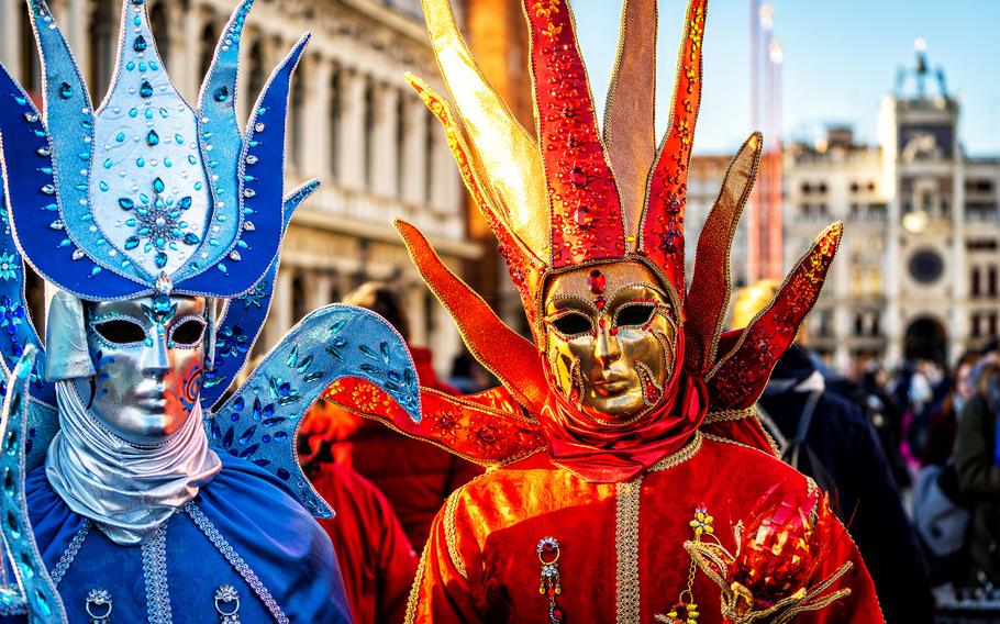 Close-up of a costume reveler poses during the Carnival in Venice, Italy.