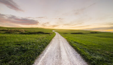A path in a green hill at sunset