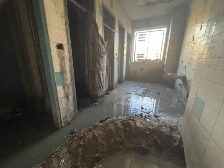 Wastewater flooding the public toilets in a shelter school in Gaza Cit
