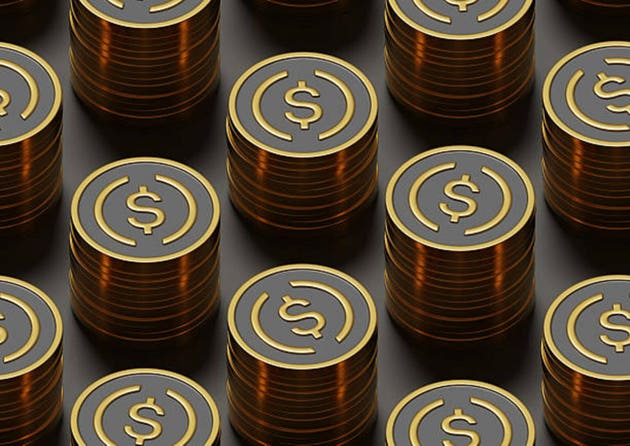 Golden USDC coins isometric seamless patttern. 3d illustration.