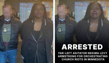 At left is an image shared on social media by Homeland Security Secretary Kristi Noem showing civil rights attorney Nekima Levy Armstrong being escorted out a St. Paul, Minnesota, church by a law enforcement officer. At right is an altered image shared by the White House of the same incident. (Photos: @Sec_Noem/X and @WhiteHouse/X)
