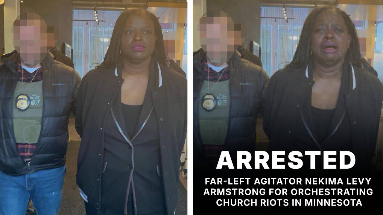 At left is an image shared on social media by Homeland Security Secretary Kristi Noem showing civil rights attorney Nekima Levy Armstrong being escorted out a St. Paul, Minnesota, church by a law enforcement officer. At right is an altered image shared by the White House of the same incident. (Photos: @Sec_Noem/X and @WhiteHouse/X)