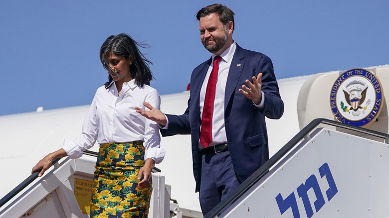 Usha Vance and JD Vance deplaning AIr Force Two