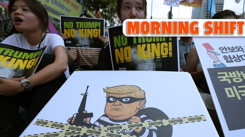 Members of civic groups protest against U.S. President Donald Trump's tariffs policy on July 30, 2025 in Seoul, South Korea.