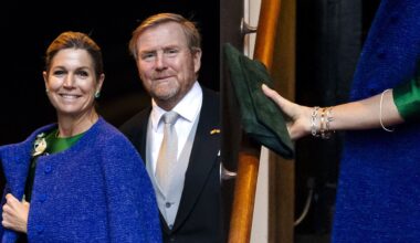 Queen Maxima wearing a blue coat and King Willem-Alexander in a suit and gray tie; Closeup of Queen Maxima's arm with 3 gold bracelets