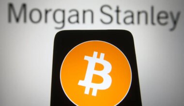 In this photo illustration, Bitcoin cryptocyrrency sign seen on a smartphone screen with the Morgan Stanley logo of US bank in the background. (Photo Illustration by Pavlo Gonchar/SOPA Images/LightRocket via Getty Images)