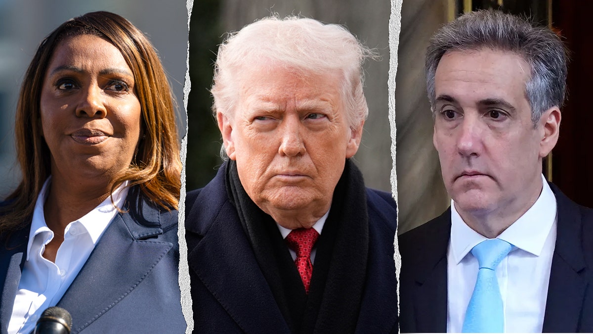 Split image of Letitia James, Donald Trump and Michael Cohen